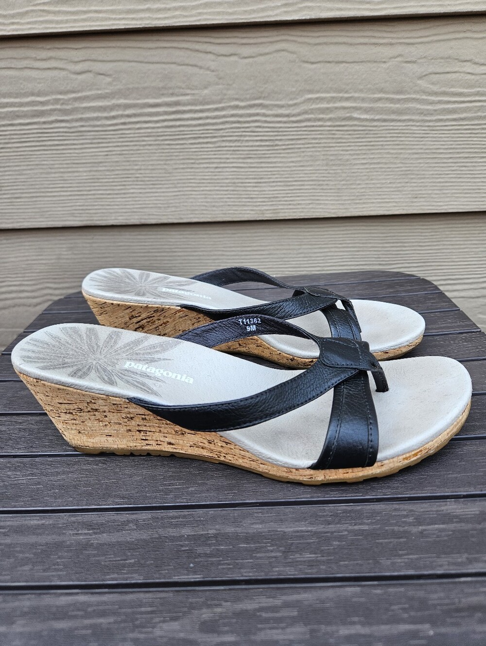 Patagonia Solimar Black Leather Cork Wedge Sandals Size 9M T11362